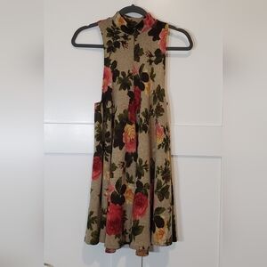 Tres Bien High Neck Racerback Floral Tank Mini Dress Tan Pink Green Size Small